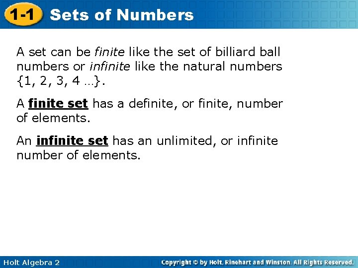 1 -1 Sets of Numbers A set can be finite like the set of