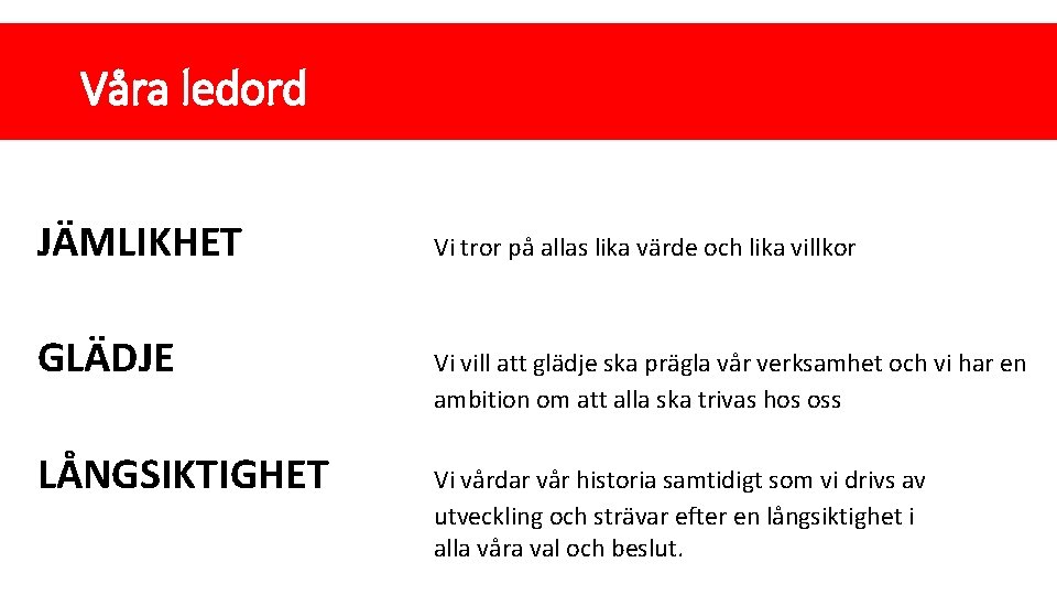 Våra ledord JÄMLIKHET GLÄDJE LÅNGSIKTIGHET Vi tror på allas lika värde och lika villkor