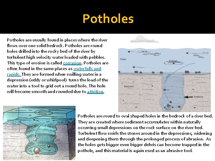 Potholes are usually found in places where the river flows over one solid bedrock.