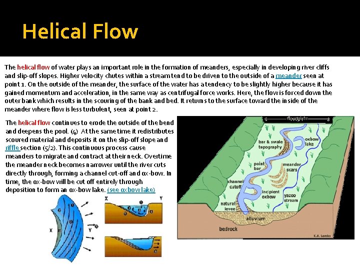 Helical Flow The helical flow of water plays an important role in the formation