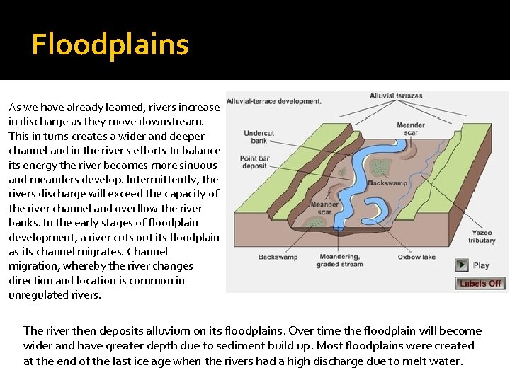Floodplains As we have already learned, rivers increase in discharge as they move downstream.