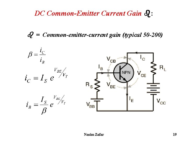 DC Common-Emitter Current Gain : = Common-emitter-current gain (typical 50 -200) Nasim Zafar 19