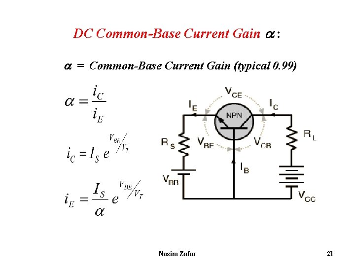 DC Common-Base Current Gain : = Common-Base Current Gain (typical 0. 99) Nasim Zafar