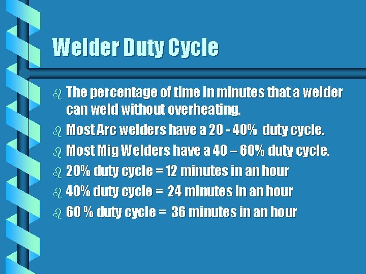 Welder Duty Cycle b The percentage of time in minutes that a welder can