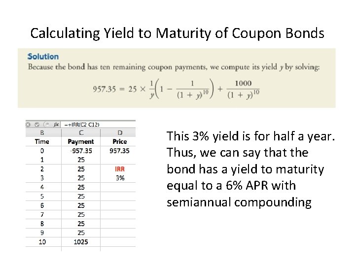 Calculating Yield to Maturity of Coupon Bonds This 3% yield is for half a