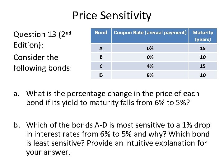 Price Sensitivity Question 13 (2 nd Edition): Consider the following bonds: Bond Coupon Rate