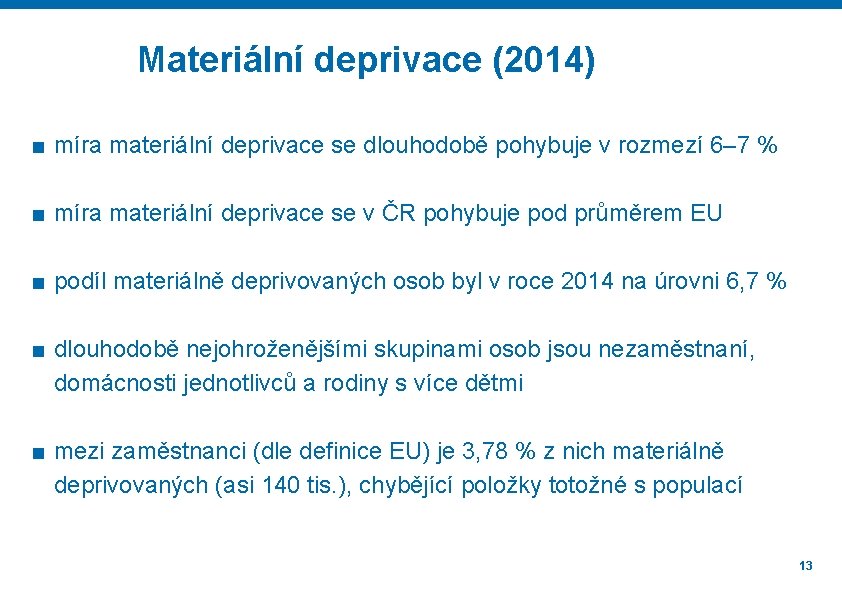 Materiální deprivace (2014) ■ míra materiální deprivace se dlouhodobě pohybuje v rozmezí 6– 7