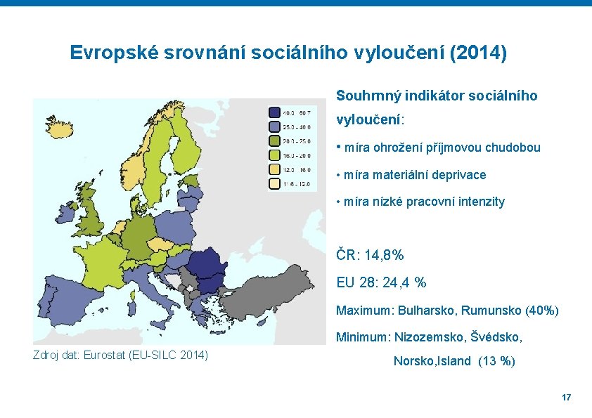 Evropské srovnání sociálního vyloučení (2014) Souhrnný indikátor sociálního vyloučení: • míra ohrožení příjmovou chudobou