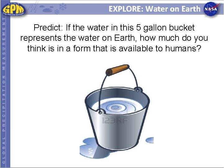EXPLORE: Water on Earth Predict: If the water in this 5 gallon bucket represents