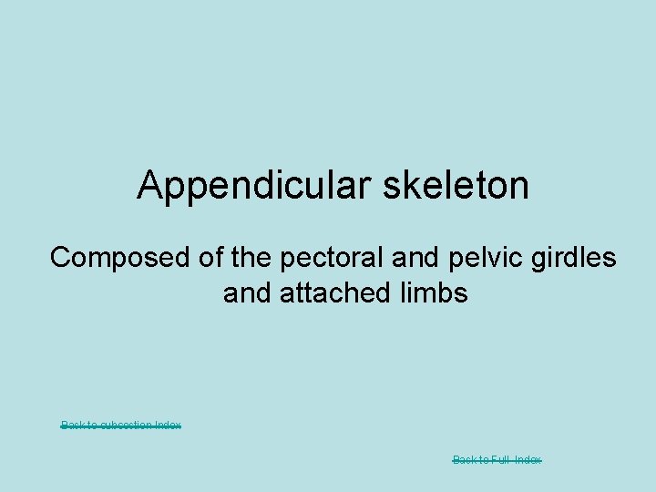 Appendicular skeleton Composed of the pectoral and pelvic girdles and attached limbs Back to