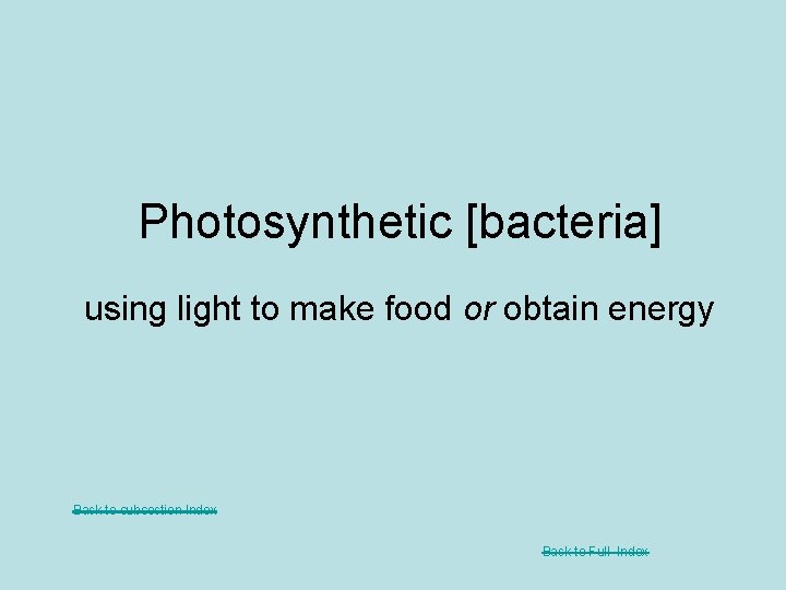 Photosynthetic [bacteria] using light to make food or obtain energy Back to subsection Index