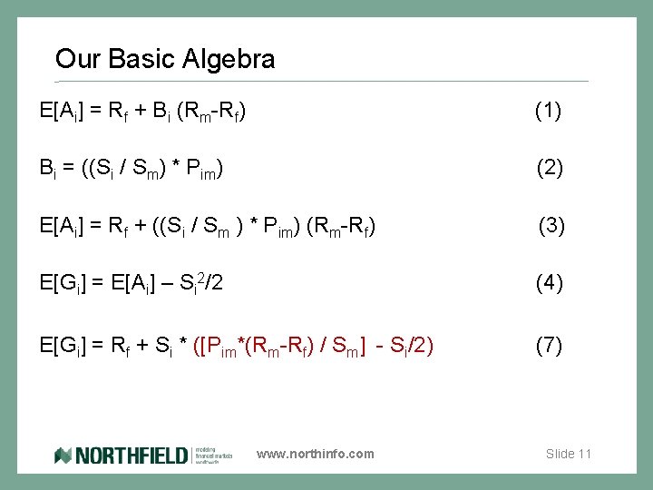 Our Basic Algebra E[Ai] = Rf + Bi (Rm-Rf) (1) Bi = ((Si /