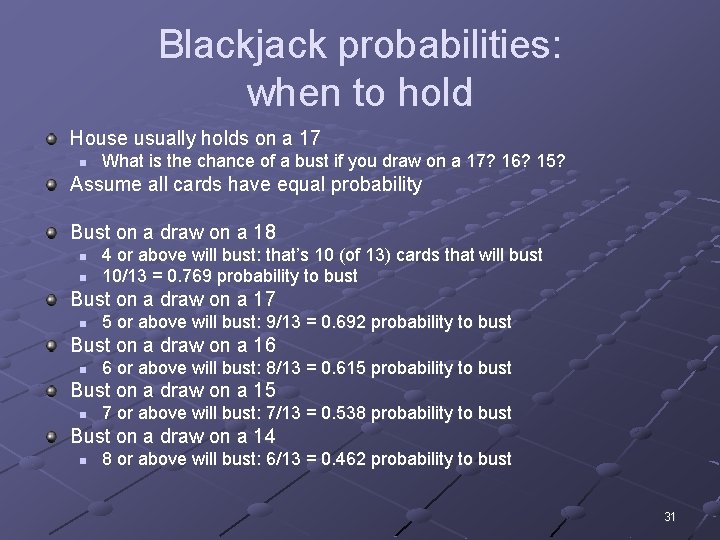Blackjack probabilities: when to hold House usually holds on a 17 n What is