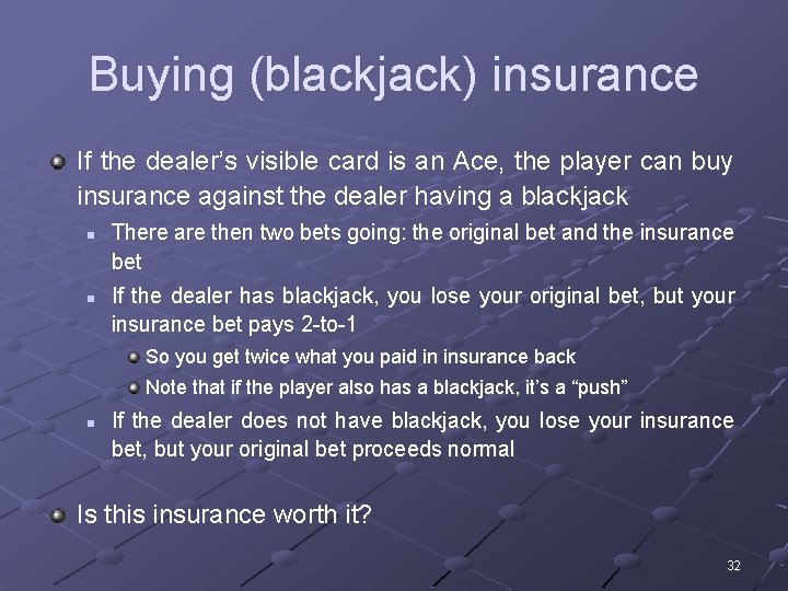 Buying (blackjack) insurance If the dealer’s visible card is an Ace, the player can