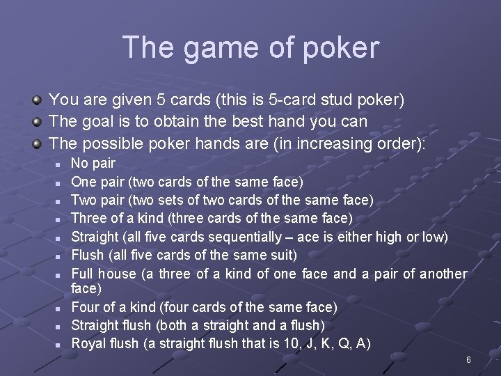 The game of poker You are given 5 cards (this is 5 -card stud