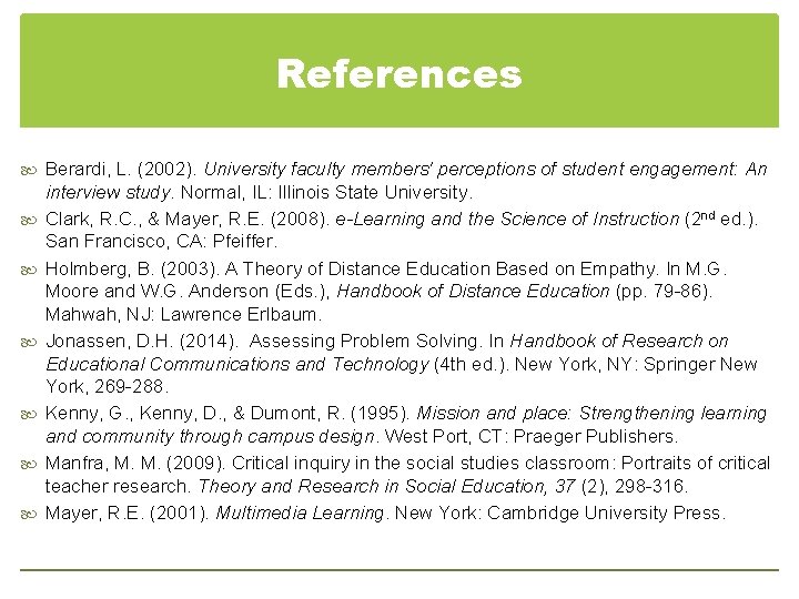 References Berardi, L. (2002). University faculty members' perceptions of student engagement: An interview study.