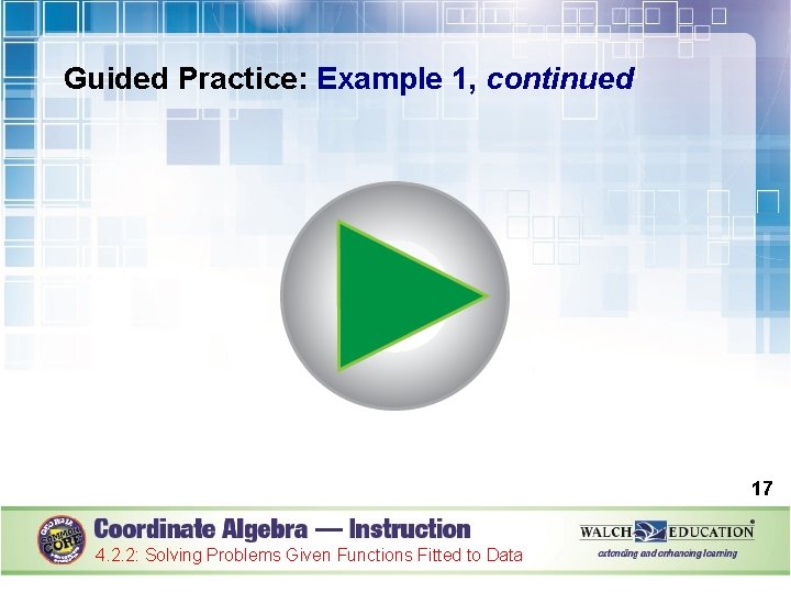 Guided Practice: Example 1, continued 17 4. 2. 2: Solving Problems Given Functions Fitted