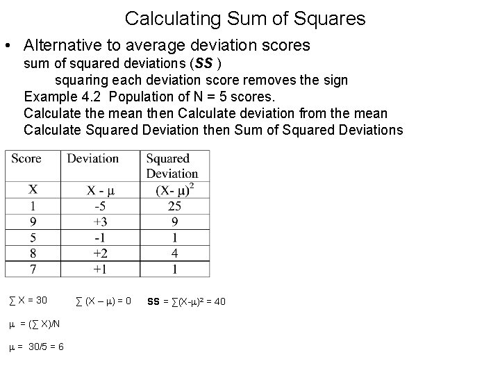 Calculating Sum of Squares • Alternative to average deviation scores sum of squared deviations