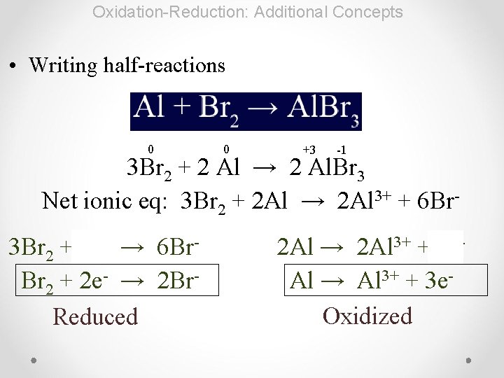 Oxidation-Reduction: Additional Concepts • Writing half-reactions 0 0 +3 -1 3 Br 2 +
