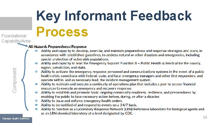 Component Foundational Capability/Area Key Informant Feedback Process Kansas Health Institute 13 