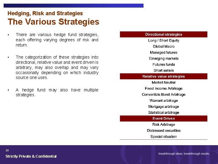 Hedging, Risk and Strategies The Various Strategies • There are various hedge fund strategies,