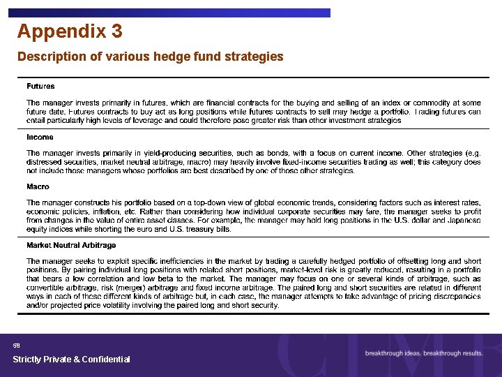 Appendix 3 Description of various hedge fund strategies 58 Strictly Private & Confidential 