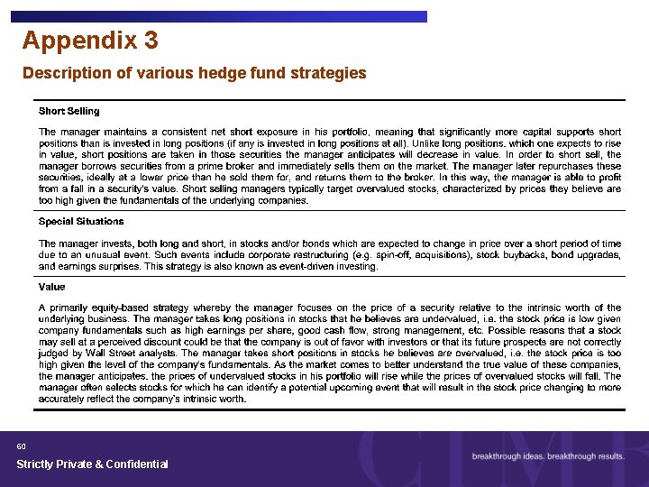 Appendix 3 Description of various hedge fund strategies 60 Strictly Private & Confidential 