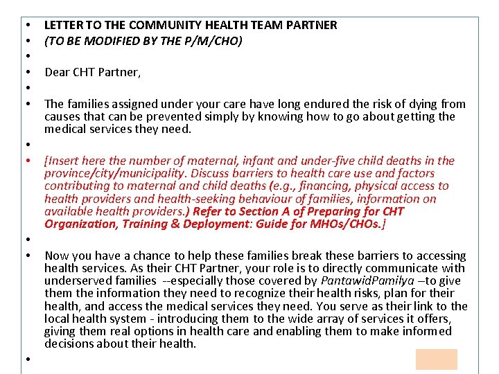  • • • LETTER TO THE COMMUNITY HEALTH TEAM PARTNER (TO BE MODIFIED