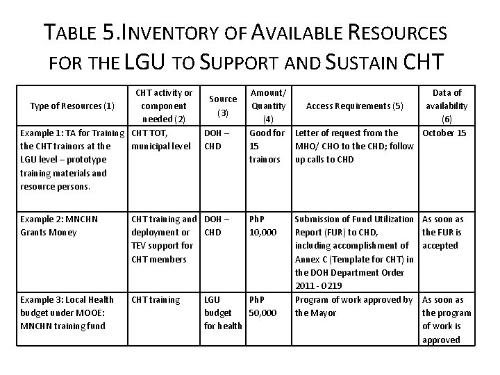 TABLE 5. INVENTORY OF AVAILABLE RESOURCES FOR THE LGU TO SUPPORT AND SUSTAIN CHT