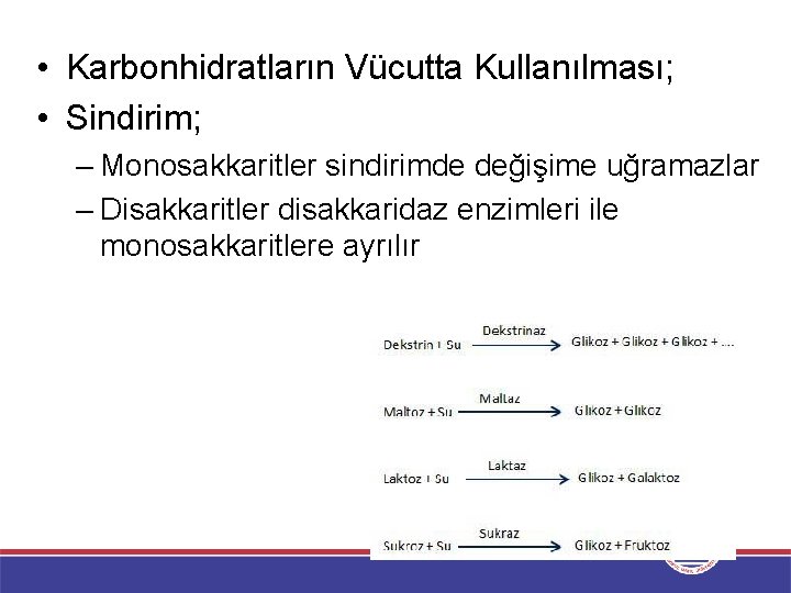  • Karbonhidratların Vücutta Kullanılması; • Sindirim; – Monosakkaritler sindirimde değişime uğramazlar – Disakkaritler