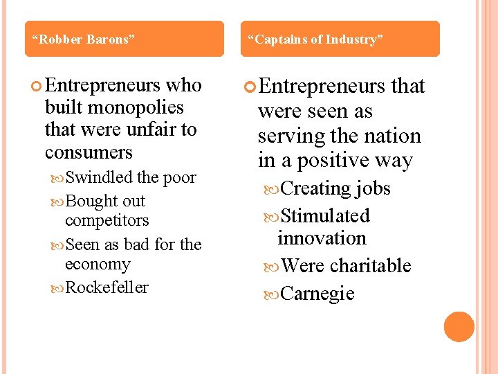 “Robber Barons” Entrepreneurs who built monopolies that were unfair to consumers Swindled the poor