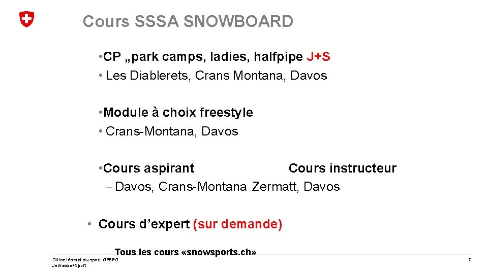 Cours SSSA SNOWBOARD • CP „park camps, ladies, halfpipe J+S • Les Diablerets, Crans