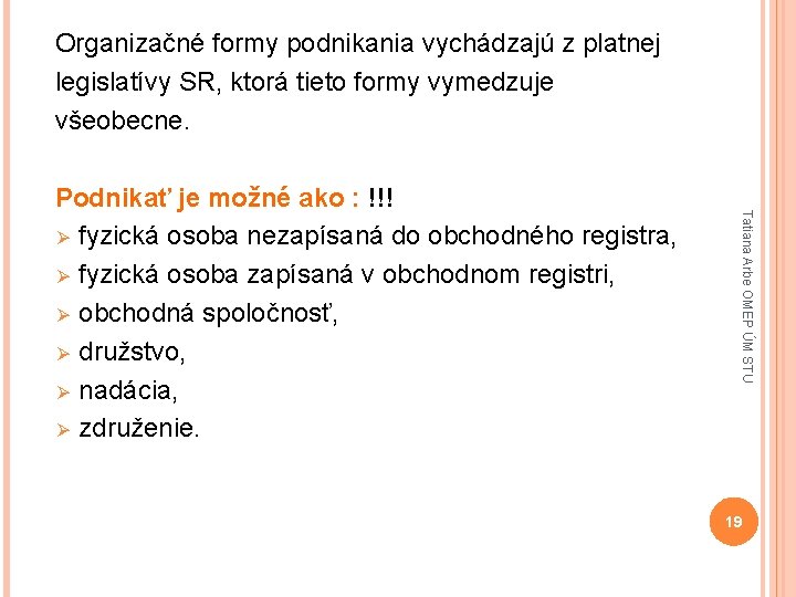 Organizačné formy podnikania vychádzajú z platnej legislatívy SR, ktorá tieto formy vymedzuje všeobecne. Tatiana