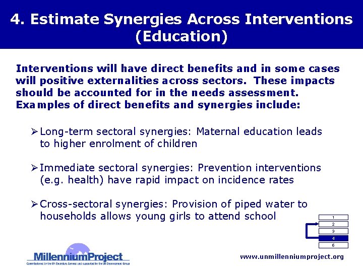 4. Estimate Synergies Across Interventions (Education) Interventions will have direct benefits and in some