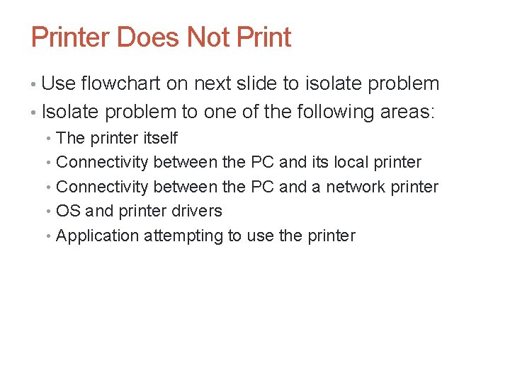 Printer Does Not Print • Use flowchart on next slide to isolate problem •