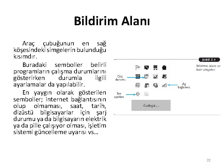 Bildirim Alanı Araç çubuğunun en sağ köşesindeki simgelerin bulunduğu kısımdır. Buradaki semboller belirli programların