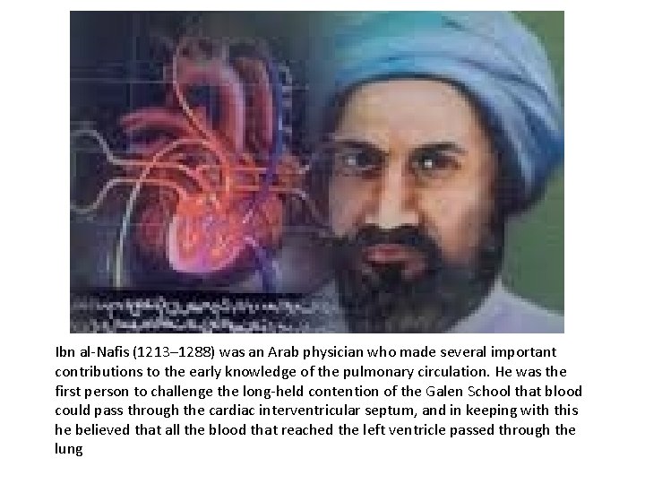 Ibn al-Nafis (1213– 1288) was an Arab physician who made several important contributions to