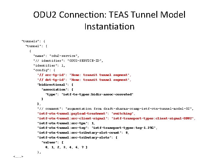 ODU 2 Connection: TEAS Tunnel Model Instantiation "tunnels": { "tunnel": [ { "name": "odu