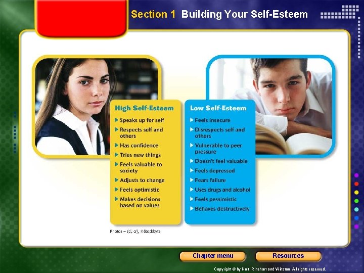 Section 1 Building Your Self-Esteem Chapter menu Resources Copyright © by Holt, Rinehart and
