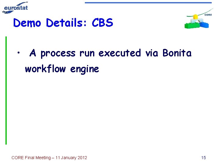 Demo Details: CBS • A process run executed via Bonita workflow engine CORE Final