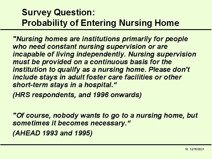 Survey Question: Probability of Entering Nursing Home "Nursing homes are institutions primarily for people