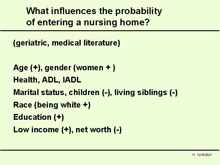 What influences the probability of entering a nursing home? (geriatric, medical literature) Age (+),