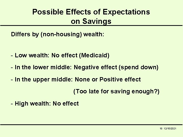 Possible Effects of Expectations on Savings Differs by (non-housing) wealth: - Low wealth: No