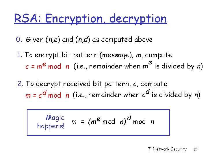 RSA: Encryption, decryption 0. Given (n, e) and (n, d) as computed above 1.