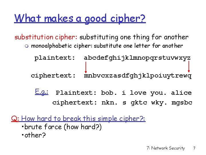 What makes a good cipher? substitution cipher: substituting one thing for another m monoalphabetic