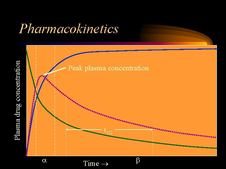 Plasma drug concentration Pharmacokinetics Peak plasma concentration t 1/2 Time 