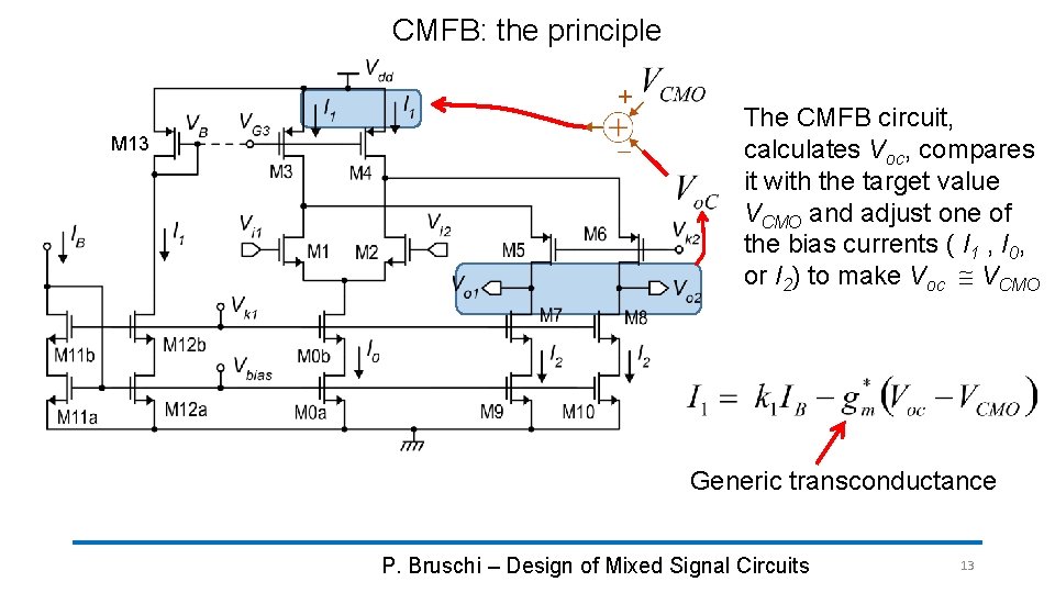 CMFB: the principle M 13 The CMFB circuit, calculates Voc, compares it with the CMFB: the principle M 13 The CMFB circuit, calculates Voc, compares it with the