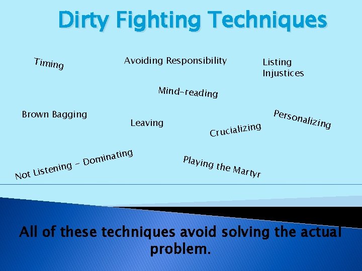 Dirty Fighting Techniques Timing Avoiding Responsibility Listing Injustices Mind-reading Brown Bagging Leaving ting a