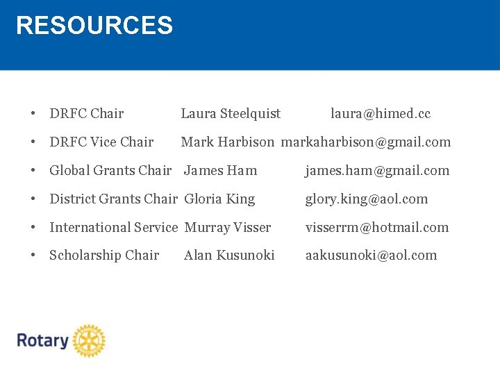RESOURCES • DRFC Chair Laura Steelquist • DRFC Vice Chair Mark Harbison markaharbison@gmail. com