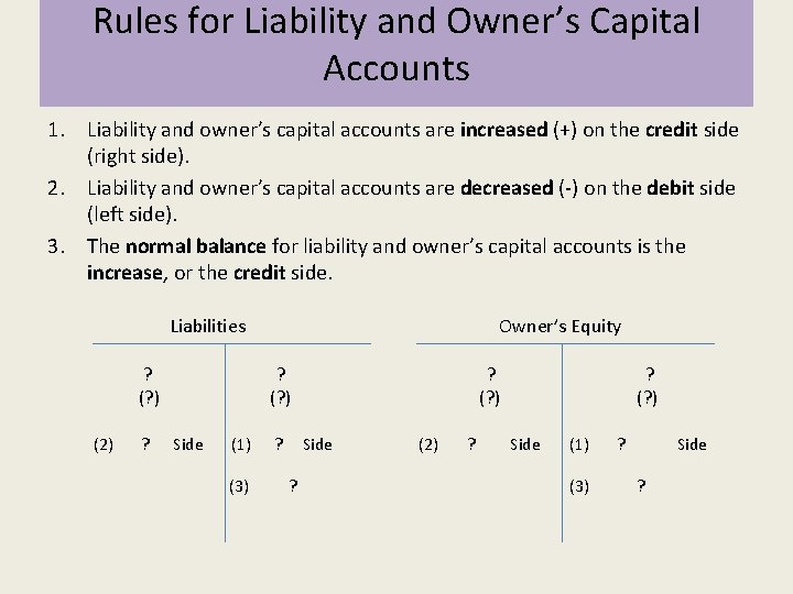 Rules for Liability and Owner’s Capital Accounts 1. Liability and owner’s capital accounts are